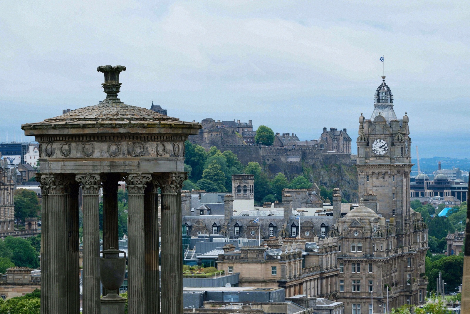The Dugald Stewart Monument on Calton Hill, with Edinburgh Castle behind