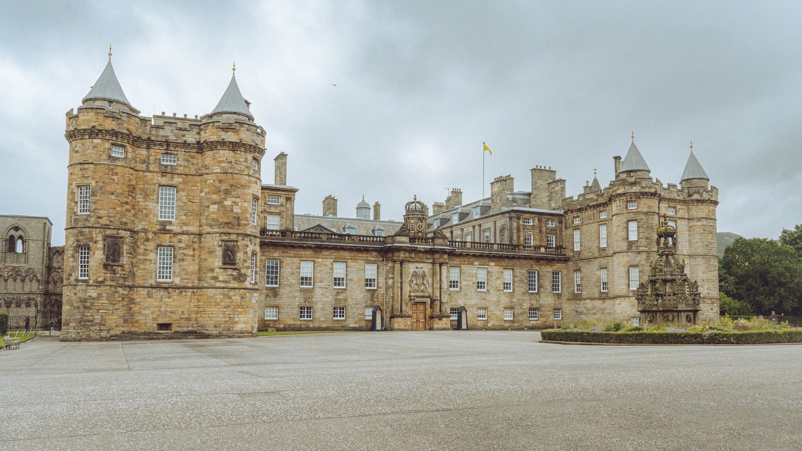 The west front of the Palace of Holyroodhouse with its round towers