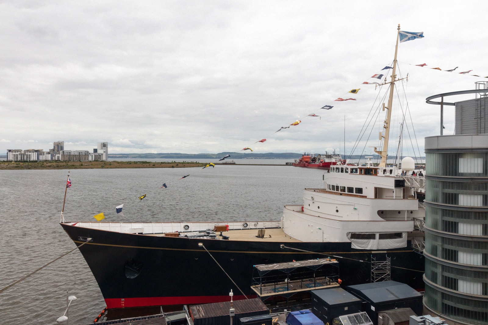 The Royal Yacht Britannia dressed overall at Ocean Terminal in Leith